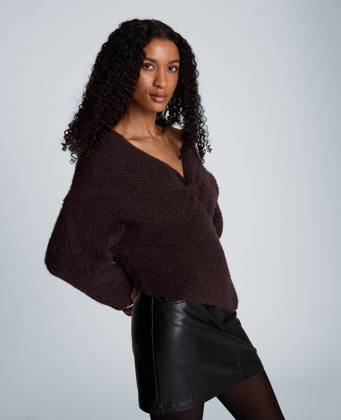 Asymmetrical Drape Neck Chunky Sweater