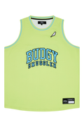 Light green tank top with 'Budgy Smuggler' text on a white background