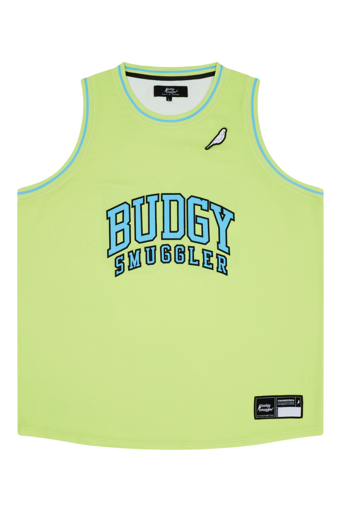 Light green tank top with 'Budgy Smuggler' text on a white background