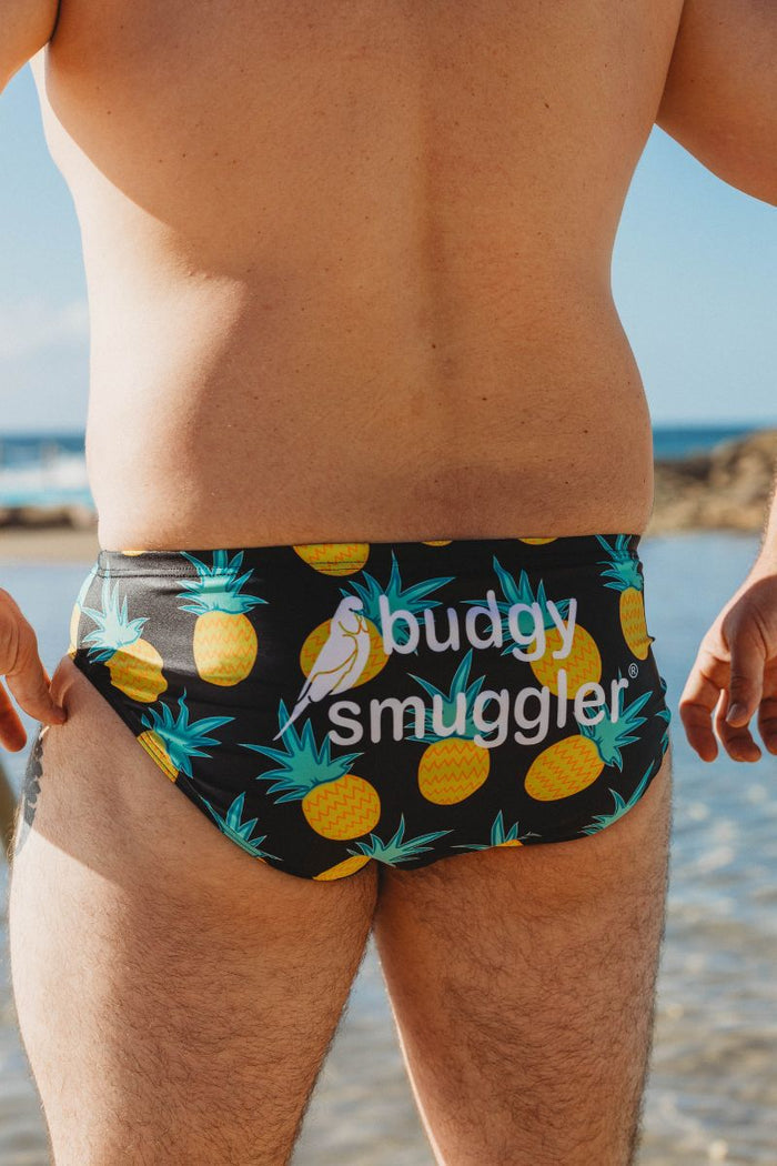 Black Fineapples yellow pineapple print swim brief on black, Budgy Smuggler