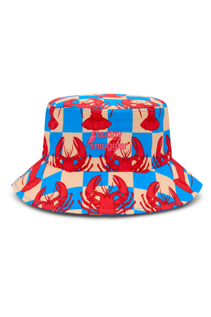 Lobstars Plaid bucket hat, blue and cream checkerboard with red lobsters