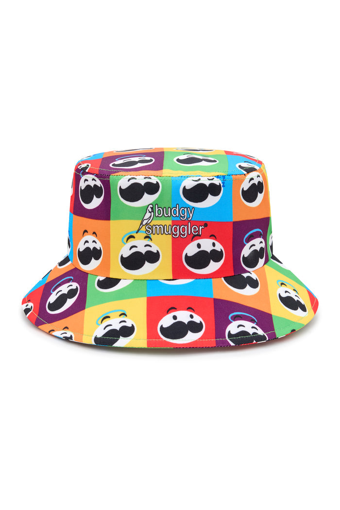 Pringles x Budgy Smuggler bucket hat, checkerboard with Pringles mustache icon