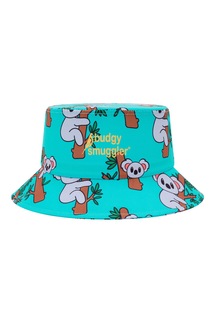 The Clappers bucket hat, teal with grey koalas on eucalyptus