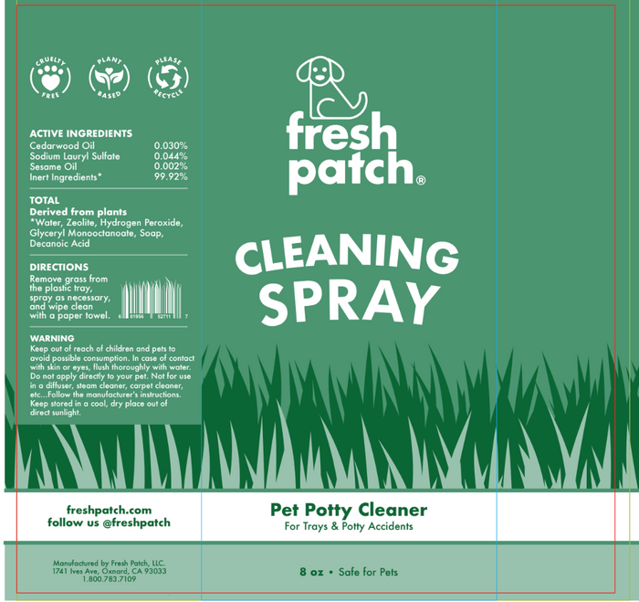 Label of fresh patch cleaning spray for pet potty cleaner on a green background