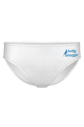 White men's underwear with 'budgy smuggler' logo on a white background that you can customise