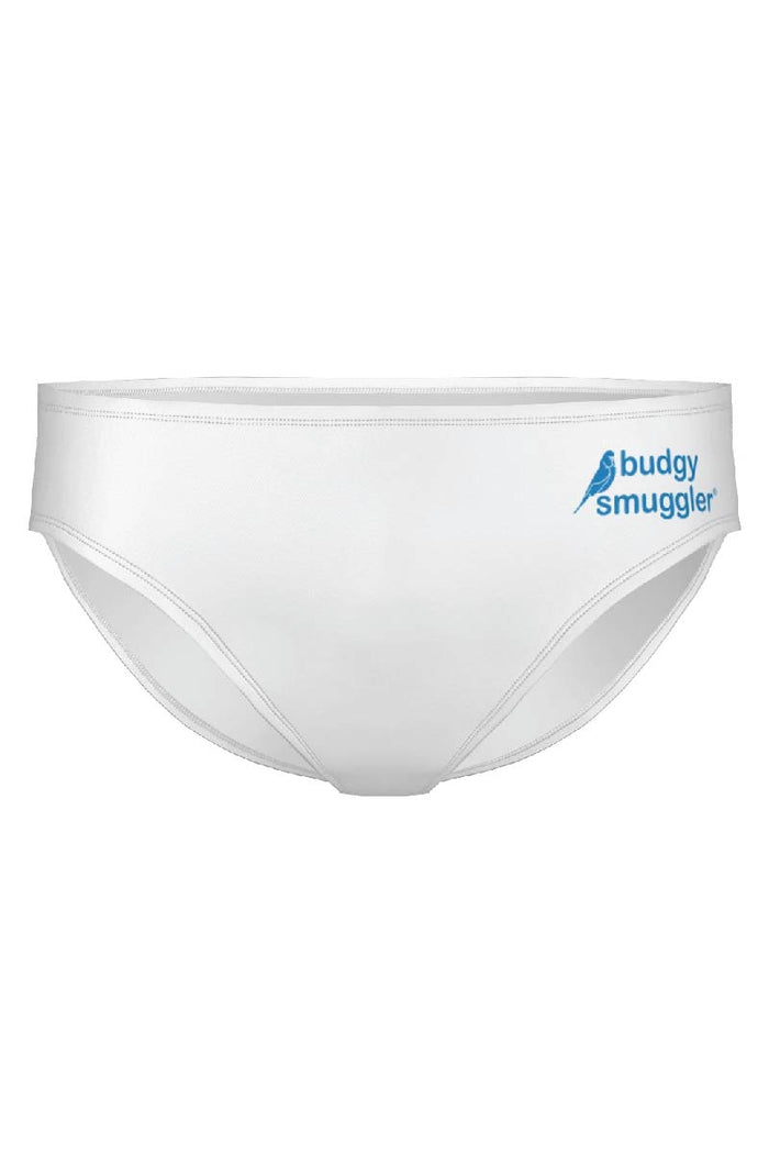 White men's underwear with 'budgy smuggler' logo on a white background that you can customise