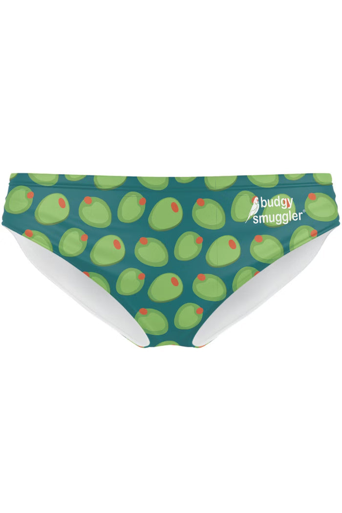 Mens Olive Print swimwear brief on a white background