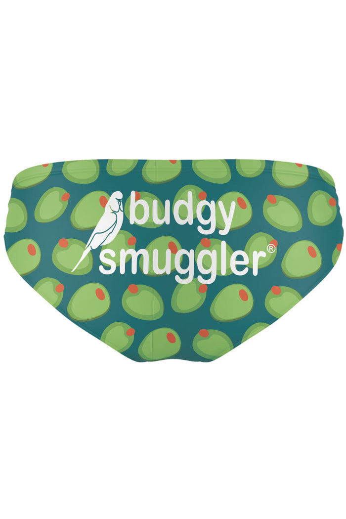 Mens Olive Print swimwear brief on a white background