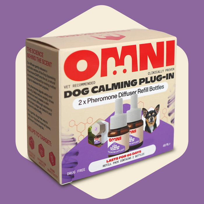 Box of Omni Dog Calming Plug-In with bottles on a purple background