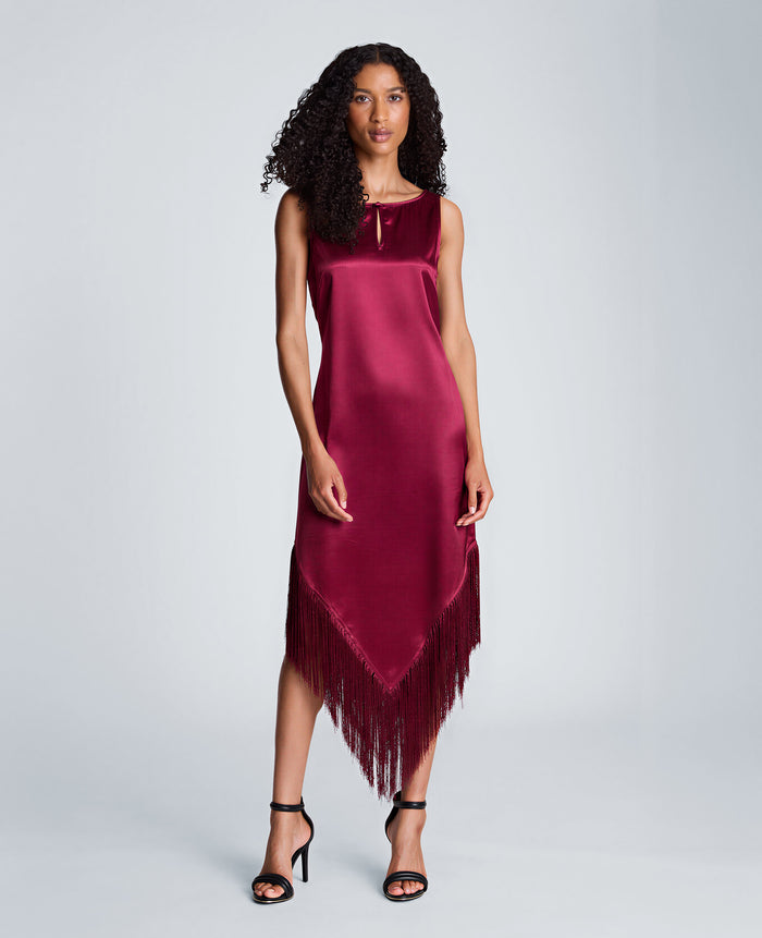 Fringed Hem Liquid Satin Midi Dress
