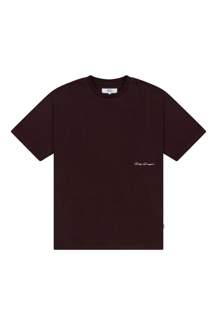 Black t-shirt with a small white logo on a white background