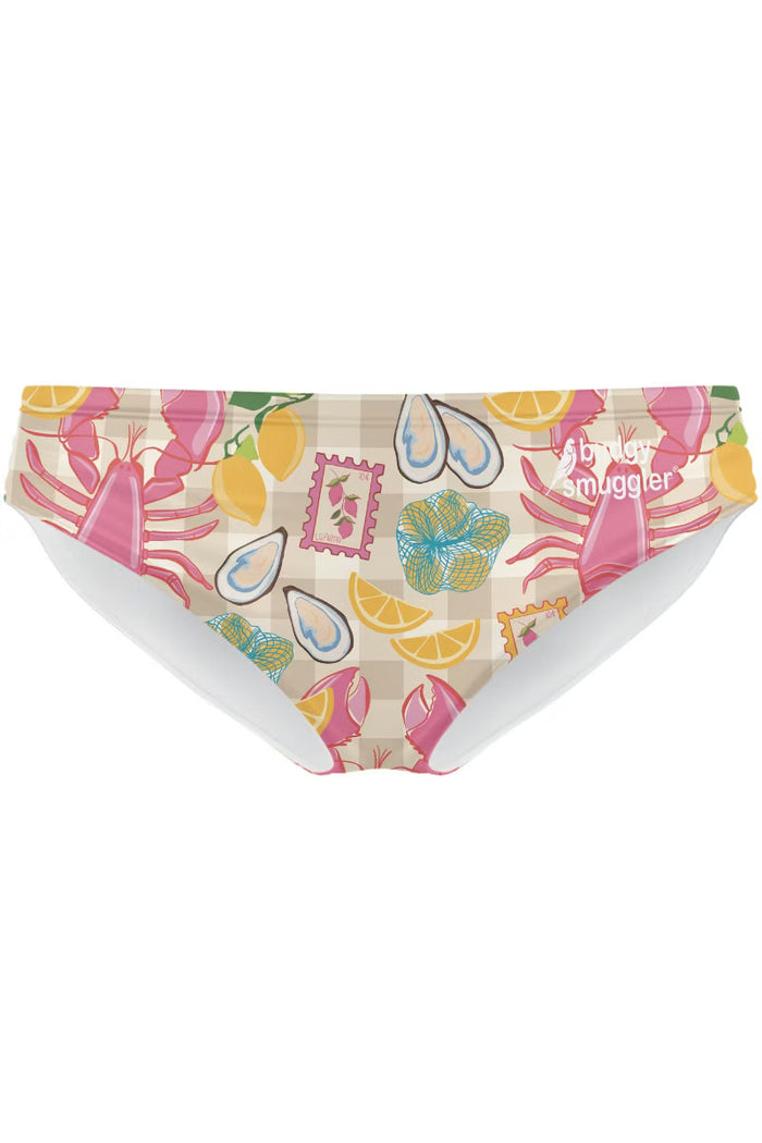 Mens swimwear with a pink check lobster pattern, on a white background