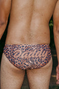 New Money Daddy black leopard print swim brief with Daddy text, Budgy Smuggler