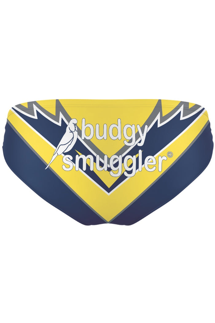 Budgy Smuggler product cover with blue and yellow design on a white background