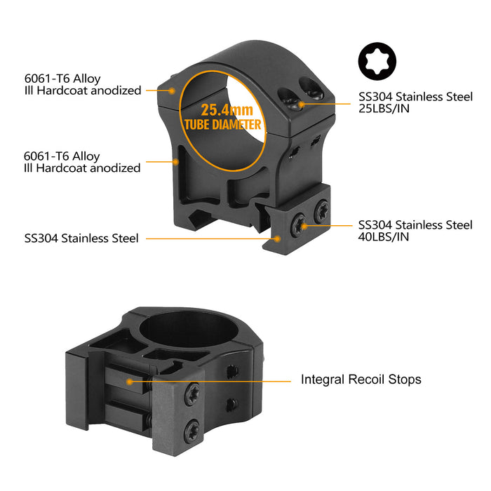 ohhunt® High Quality 1" Scope Rings for Picatinny Rail - Medium Profile