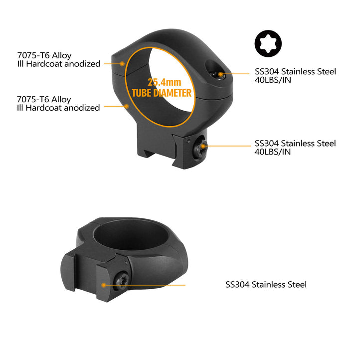 ohhunt® Pro 7075 Aluminum 1 inch Dovetail Scope Rings - Low Profile