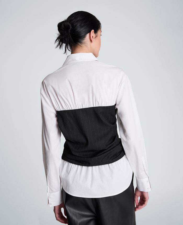 Poplin Long Sleeve Shirt with Pleated Bustier