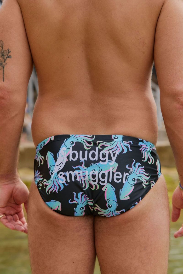 Salt and Pepper pastel squid print swim brief on black, Budgy Smuggler