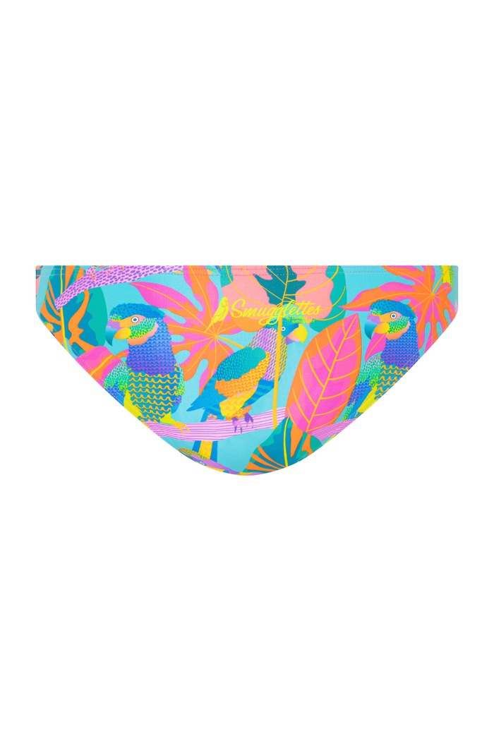 Techno Parrots women’s bikini bottoms back view