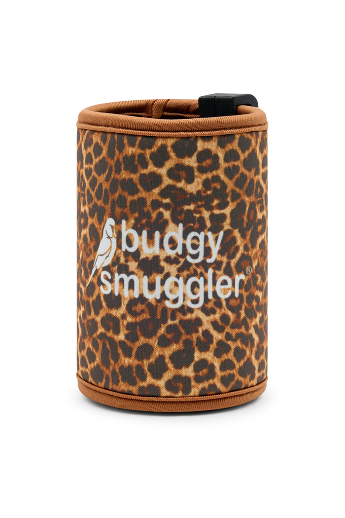 Leopard print can cooler with 'Budgy Smuggler' branding on a white background