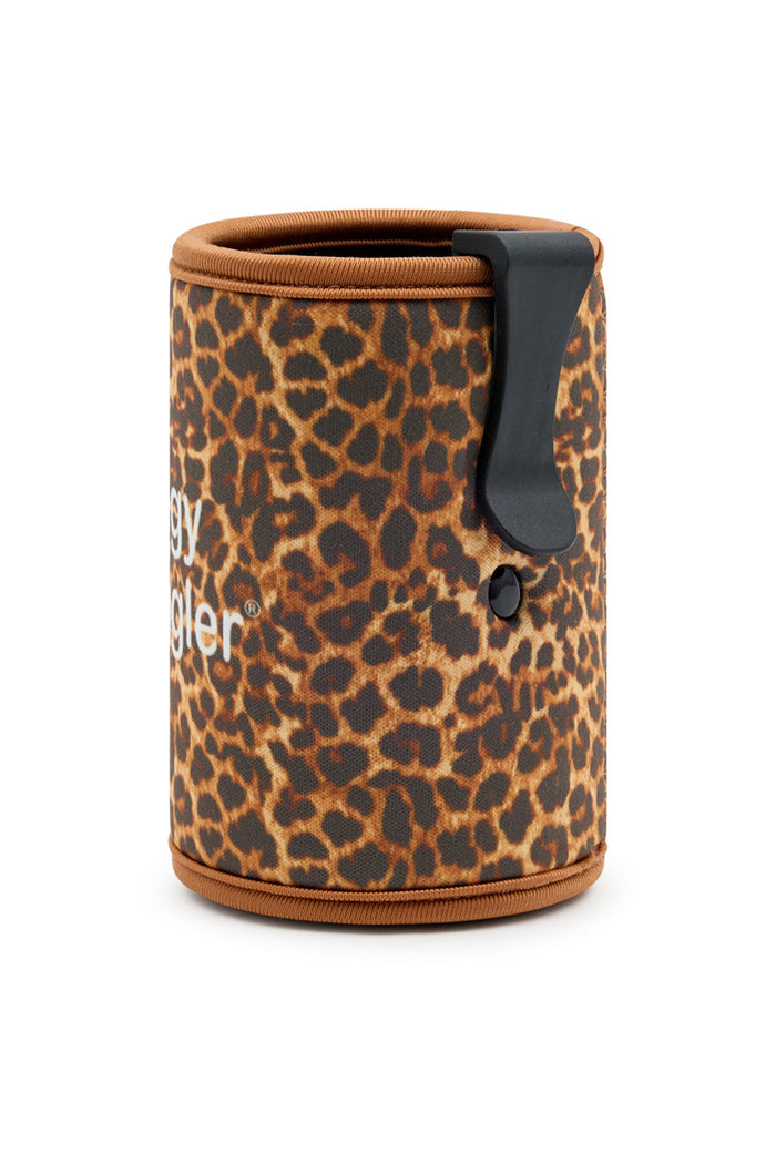 Leopard print cooler bag with brown trim on a white background