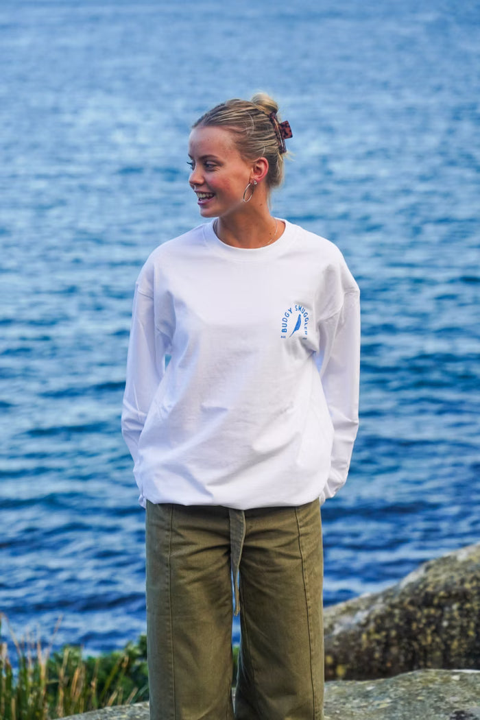 White Long Sleeve Tee with Budgy Arch