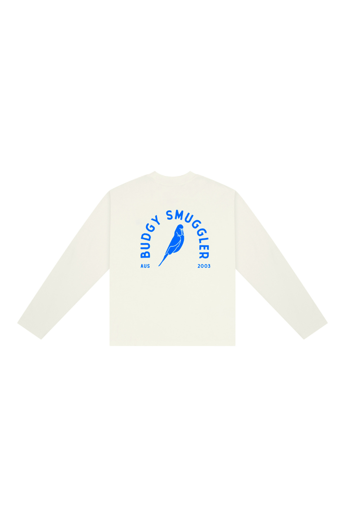White sweatshirt with blue branding on a white background