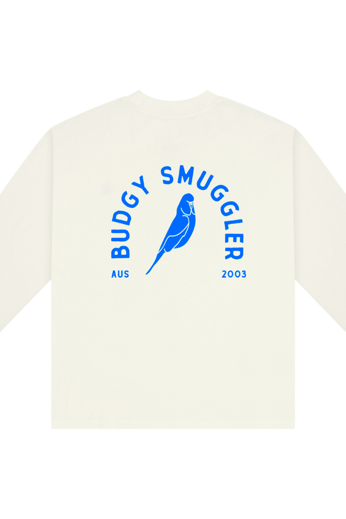 White Long Sleeve Tee with Budgy Arch